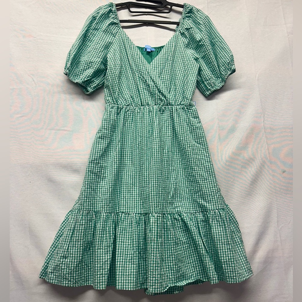Draper James RSVP Teal‎ White Gingham Wrap Short Dress XS KD7366SG SP23 New